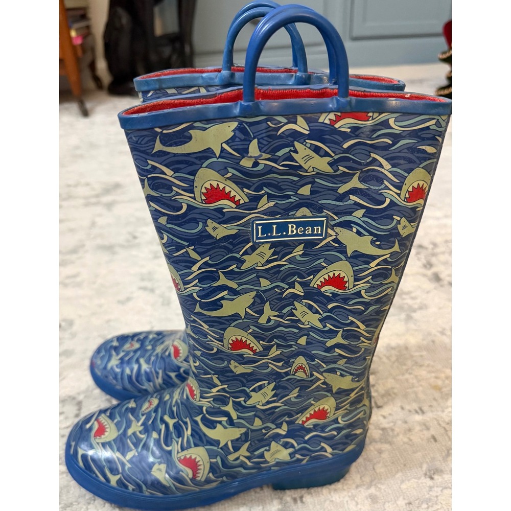 LL Bean Kids Shark Print Rain Boots Blue Rubber Pull On Waterproof Size 3